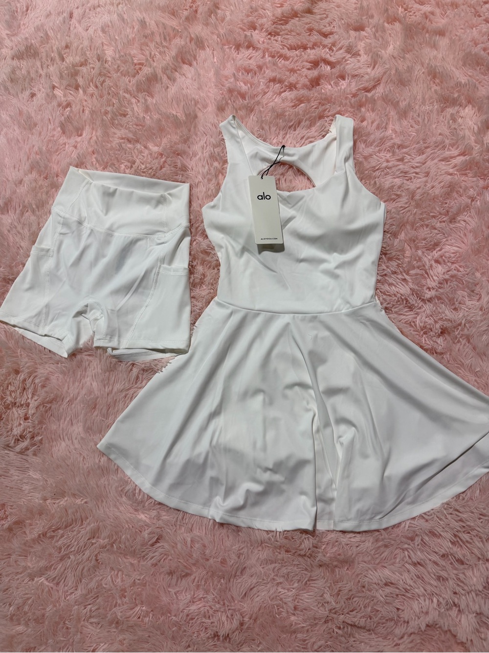 ALO Yoga White Athletic Skater Dress with Coordinating High-Waist Shorts